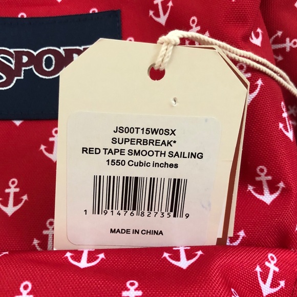 Jansport Superbreak Backpack, Smooth Sailing Red & White Anchor Ocean Style - Picture 5 of 5